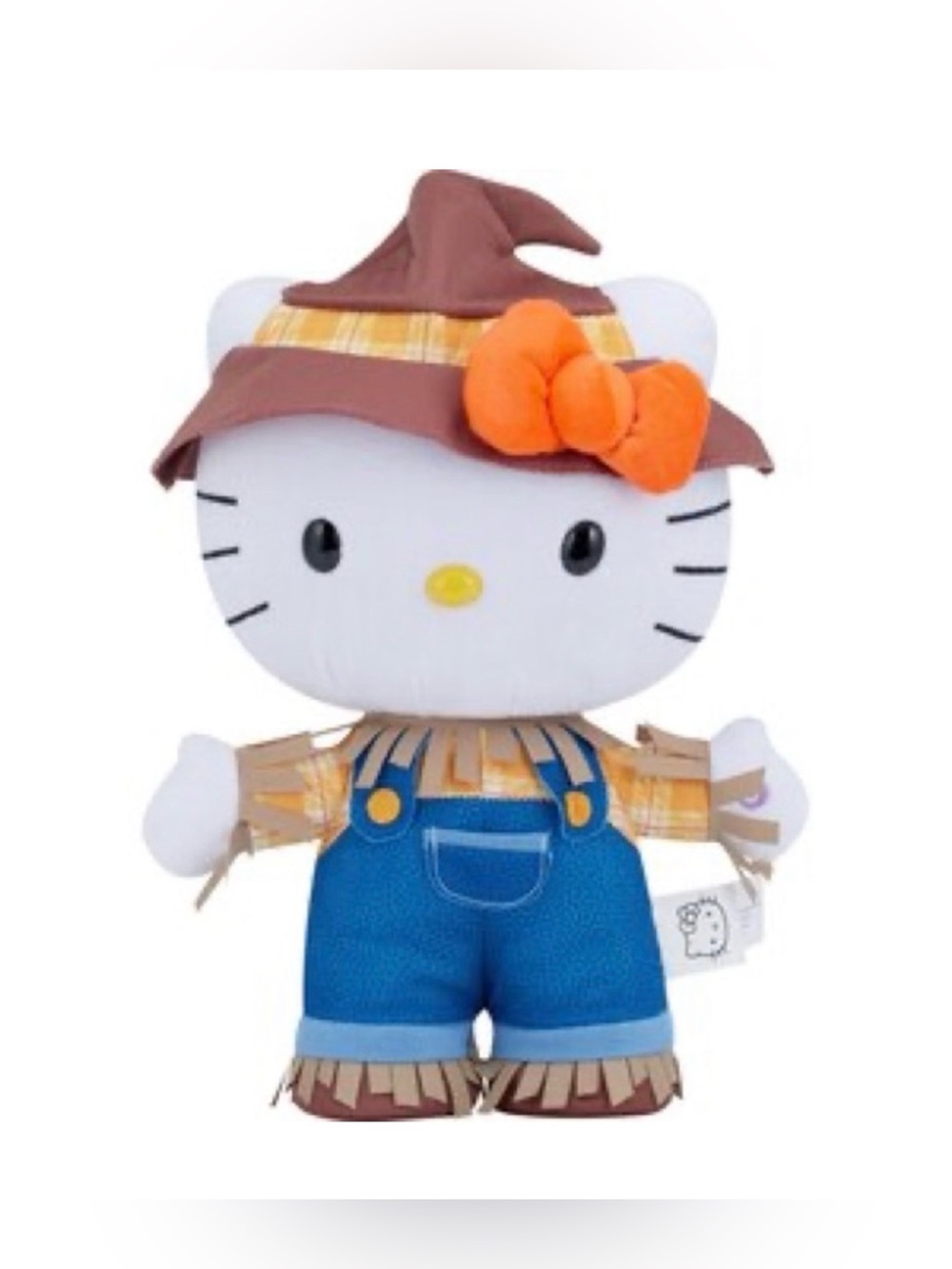 Hello Kitty Plush in White, Blue & Brown Scarecrow Outfit with Orange Bow